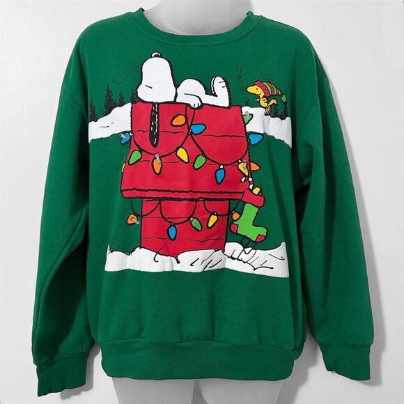 Peanuts Tops - Peanuts Snoopy Small Christmas Sweatershirt Illuminating Lights Green Graphics